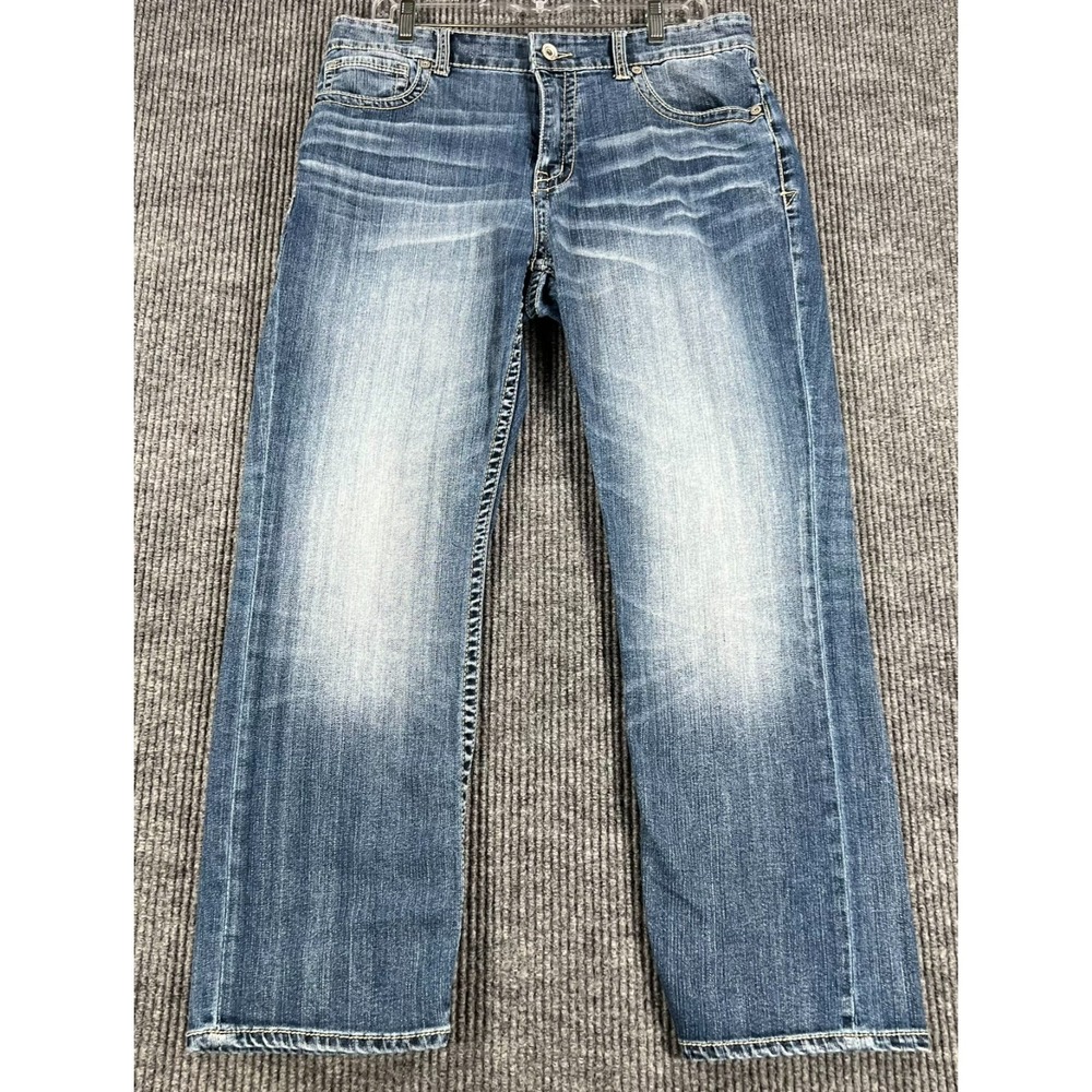BKE Tyler Jeans Mens Size 34x29 Straight Leg Blue Denim Whiskered Casual Comfort